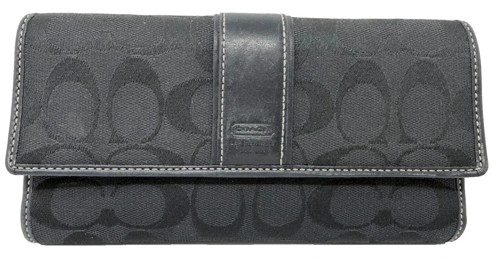 Coach Black Signature Jacquard Fabric & Leather Trim Checkbook Trifold Wallet